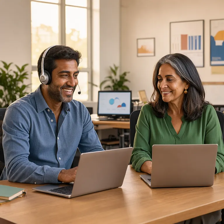 A man in a blue shirt wearing a light wireless headset smiles while on a call at a desk, beside a woman in a green blouse working at her own laptop.