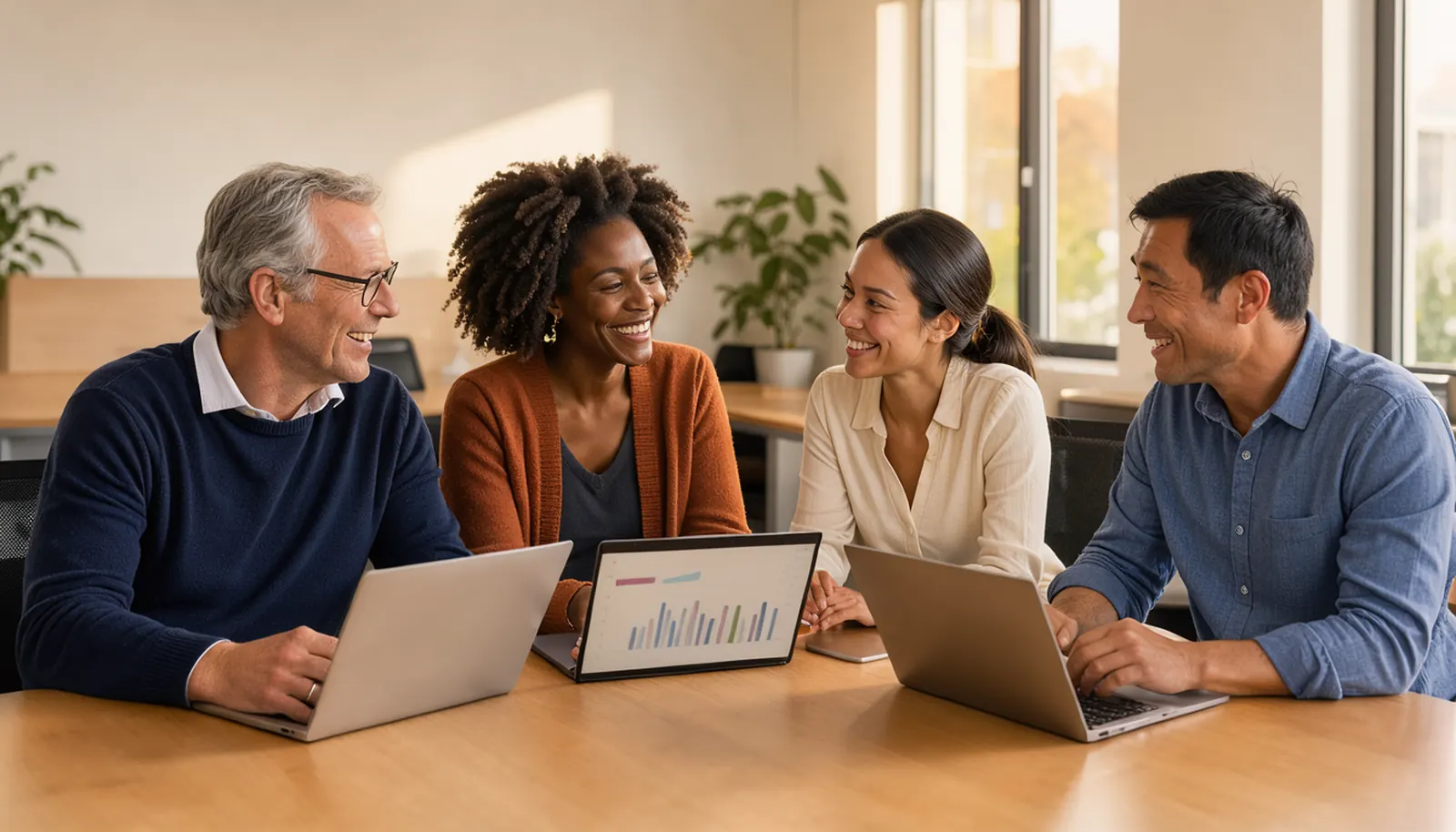 Four colleagues of different ages laughing together around a sunlit table with an open laptop.