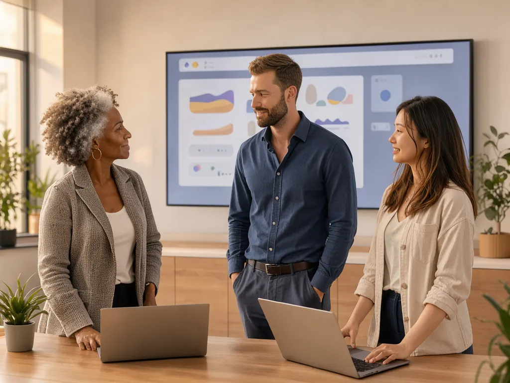 Three colleagues standing together in front of a large screen showing a soft abstract dashboard.