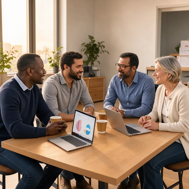 Four colleagues talking together around a wooden table with coffee cups and two open laptops, one showing a simple pie chart: from left, a man in a navy sweater, a bearded man in a grey shirt, a bearded man with glasses in a blue shirt, and a woman with short grey-blonde hair in a cream cardigan.